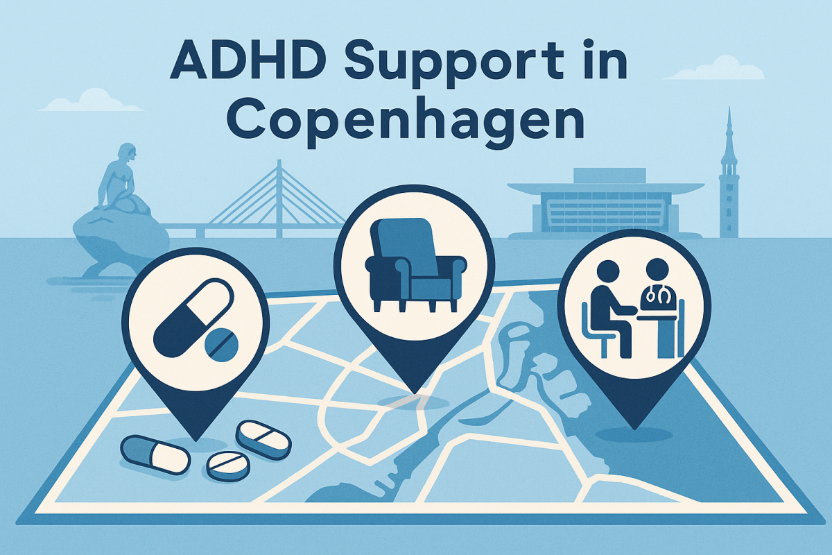 Illustration showing a map of Copenhagen with location markers for ADHD support groups and clinics, symbolizing mental health services in Denmark.