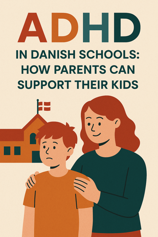 Display image for ADHD children Denmark showing a parent supporting her child in front of a Danish school