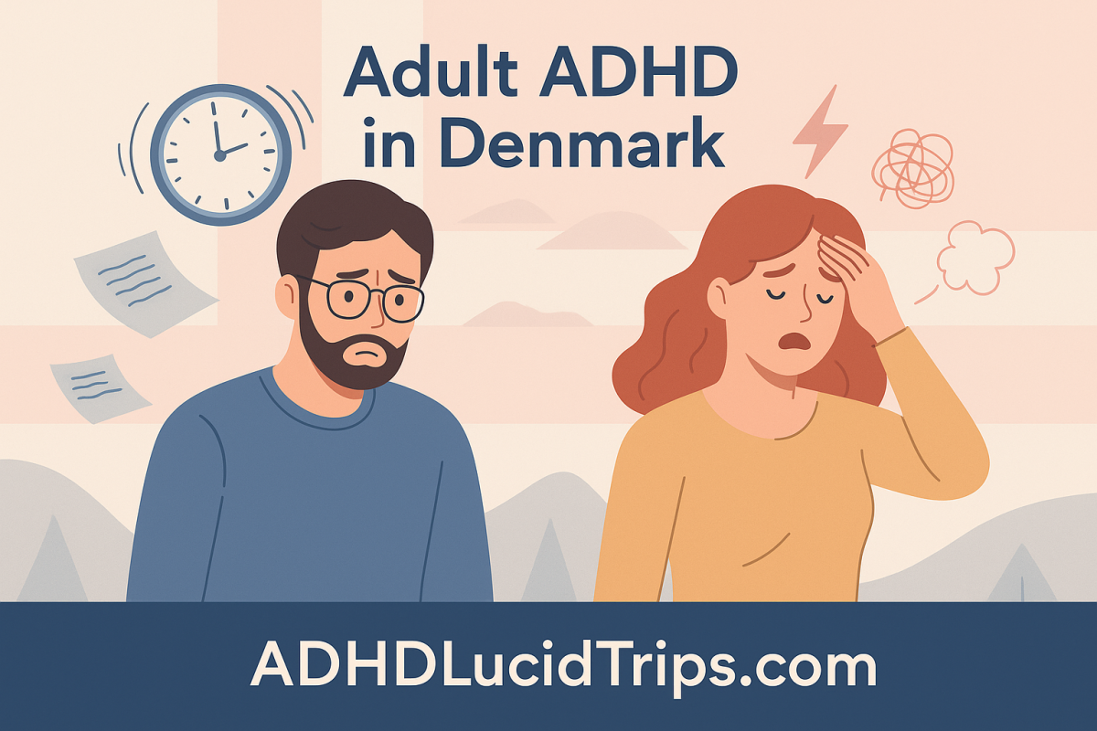 A flat-style digital illustration promoting awareness of adult ADHD in Denmark, featuring a stressed man and woman with ADHD-related imagery like a spinning clock, scattered papers, and confused thought bubbles. The Danish flag appears in the background, with the text "Adult ADHD in Denmark" and the website ADHDLucidTrips.com at the bottom.