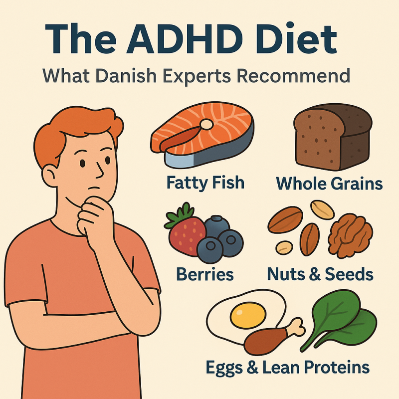 Infographic-style illustration showing Nordic foods recommended for an ADHD-friendly diet in Denmark, including fish, berries, and whole grains.