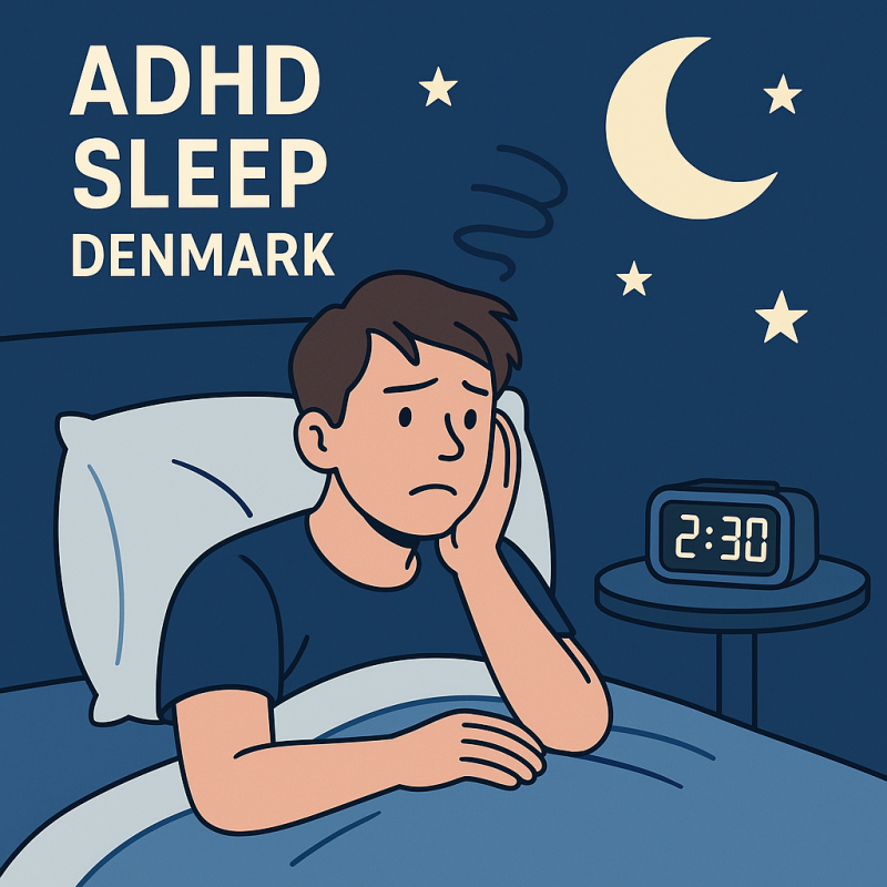 A cartoon-style illustration of a young man with ADHD lying awake in bed at 2:30 AM, looking anxious, with a clock, moon, and stars in the background. The text reads “ADHD SLEEP DENMARK.”