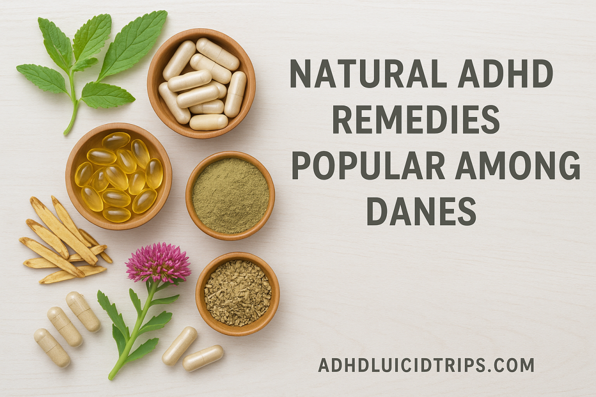 A selection of natural ADHD remedies popular in Denmark, including herbal supplements like Rhodiola, Omega-3 capsules, and magnesium pills arranged on a wooden surface.