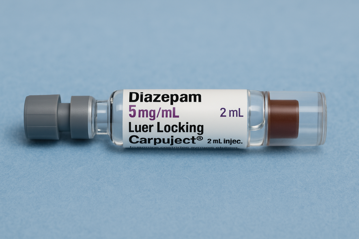 Buy diazepam. A 2mL Carpuject syringe labeled "Diazepam 5mg/mL Luer Locking" lies on a soft blue medical surface.