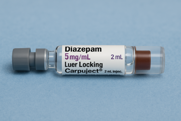 Buy diazepam. A 2mL Carpuject syringe labeled "Diazepam 5mg/mL Luer Locking" lies on a soft blue medical surface.