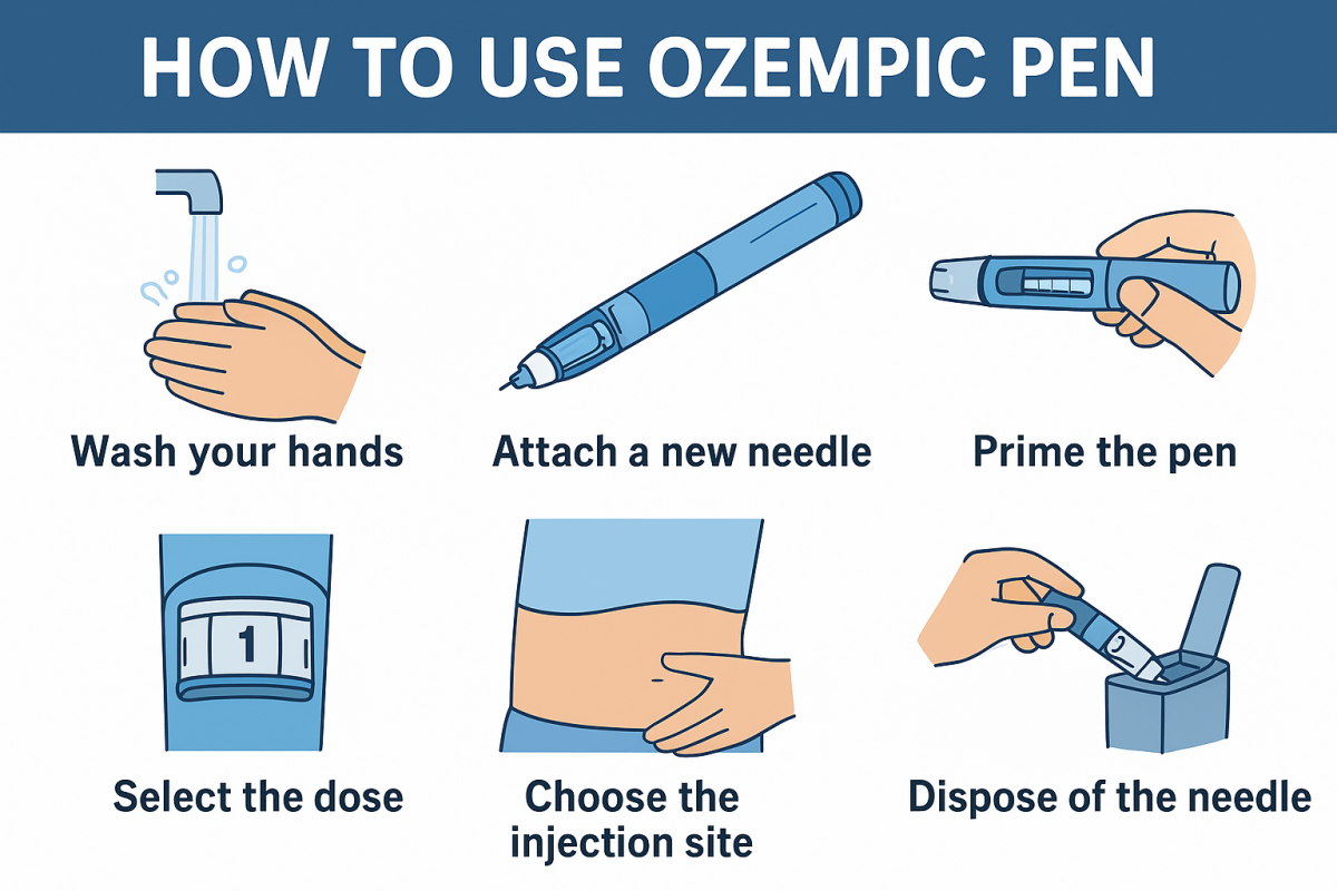 Display image for How To Use Ozempic Pen, with several images showing the different steps
