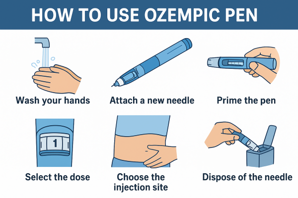 Display image for How To Use Ozempic Pen, with several images showing the different steps