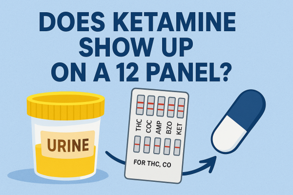 display image for does ketamine show up on a 12 panel, showing an image of a urine container, a 12 panel, and a ketamine pill