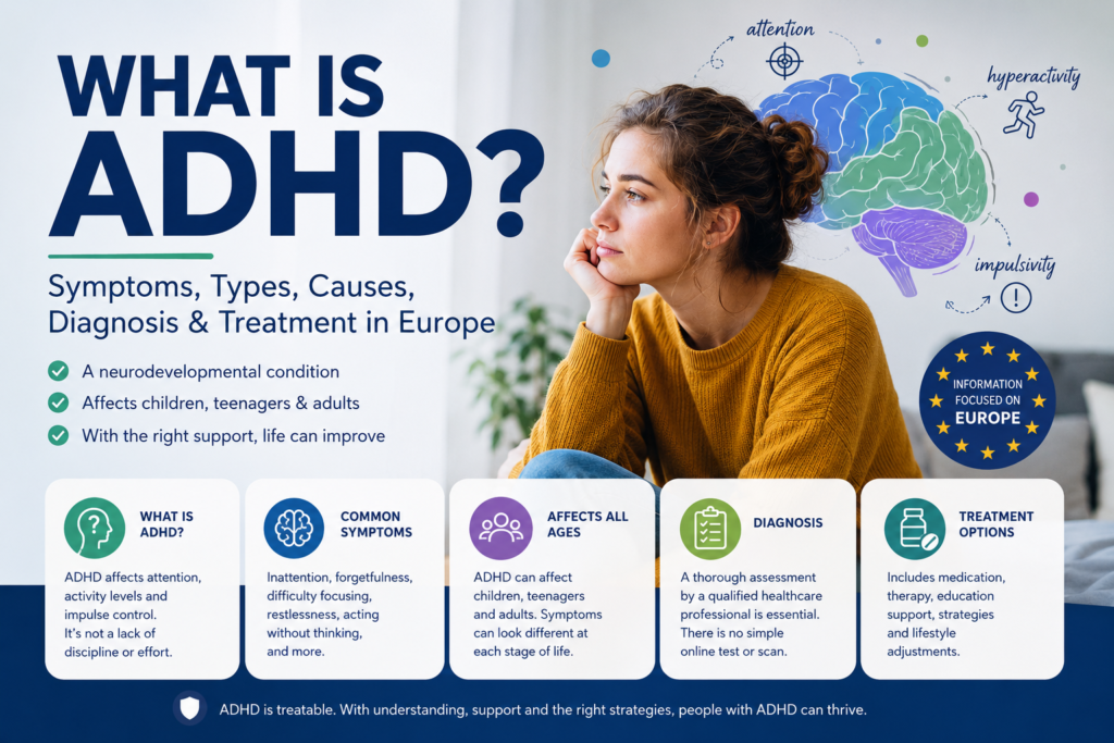 What is ADHD? Infographic showing ADHD symptoms, types, diagnosis, and treatment for children, teenagers, and adults in Europe and USA.
